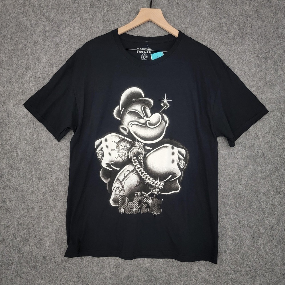 Popeye Shirt Mens L Black Graphic Tee Cartoon Boxing Bling Streetwear 2023 NEW‎